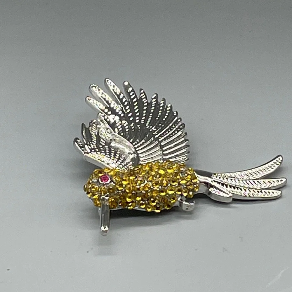 Vintage Silver Tone Yellow Rhinestone Pave Bird Brooch Pin Pink Eye 2 Inch